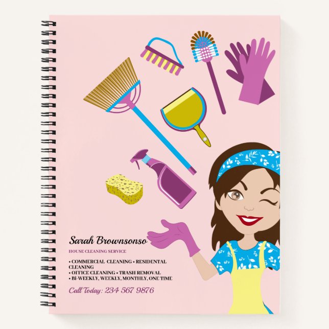 Rosa Lila Janitorial Cartoons Maid Niedlich Notizbuch (Vorderseite)