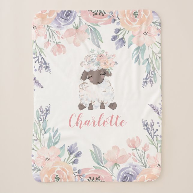 Rosa Lila Lamm Personalisiert Girl Baby Sherpadecke (Vorderseite)