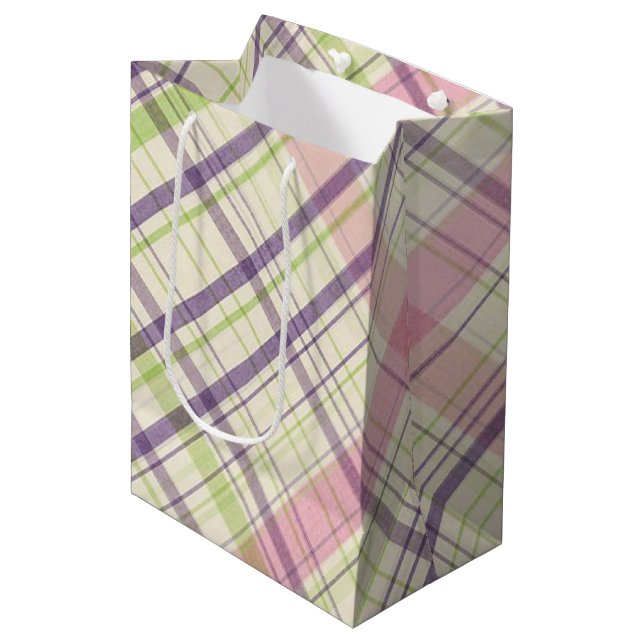 Rosa Lila Lime Green Tartan Muster Mittlere Geschenktüte (Vorderseite Schrägansicht)