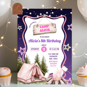 Rosa lila Mädchen Camping Geburtstag Einladung
