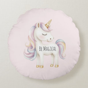 Rosa Lila Magisches Einhorn Rundes Kissen
