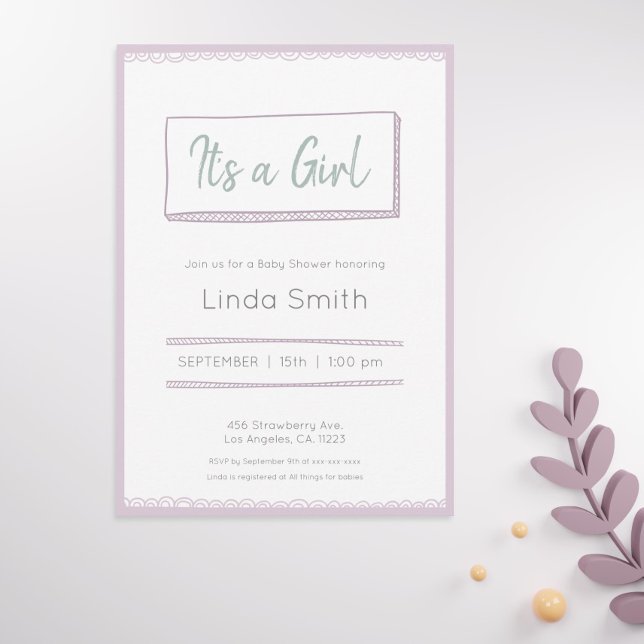 Rosa Lila Minimalistische Doodle Gender Babydusche Einladung (Von Creator hochgeladen)