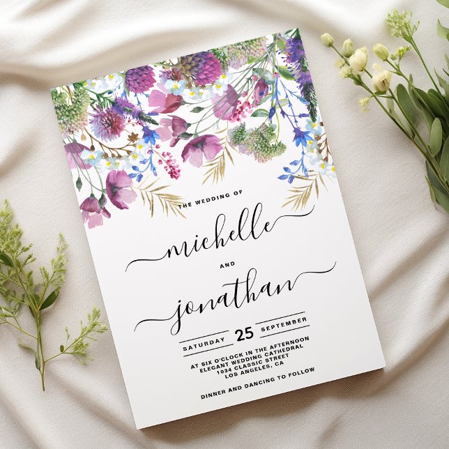 Rosa lila Minzgold Blume Hochzeit Einladung (Pink purple mint gold wild flower wedding )