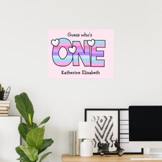 Rosa Lila Ombre Streifen Herzchen ersten Geburtsta Poster