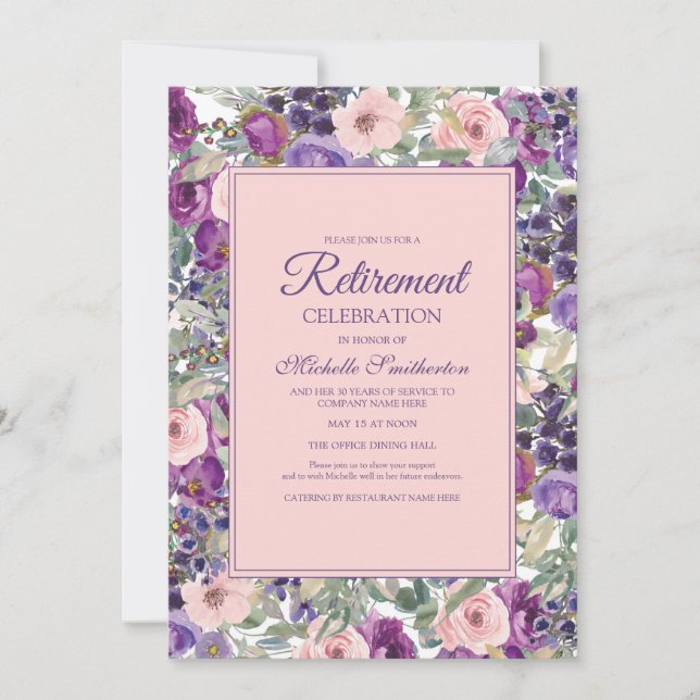 Rosa Lila Party für die Blumenruhestätte Einladung (Vorderseite)