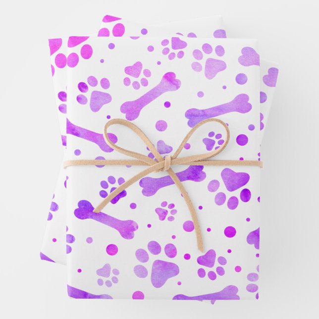 Rosa Lila Paw Prints Aquarell Geburtstag Geschenkpapier Set (Beispiel)