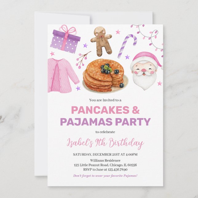 Rosa Lila Pfannkuchen und Pajamas Geburtstag Einladung (Vorderseite)