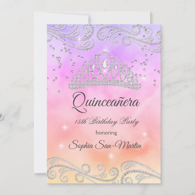 Rosa Lila Pfirsich Silver Quinceanera 15. Geburtst Einladung (Vorderseite)