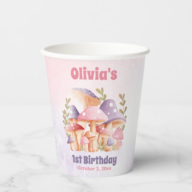 Rosa Lila Pilze Herbst 1. Geburtstag Papieraufnahm Pappbecher (Vorderseite)
