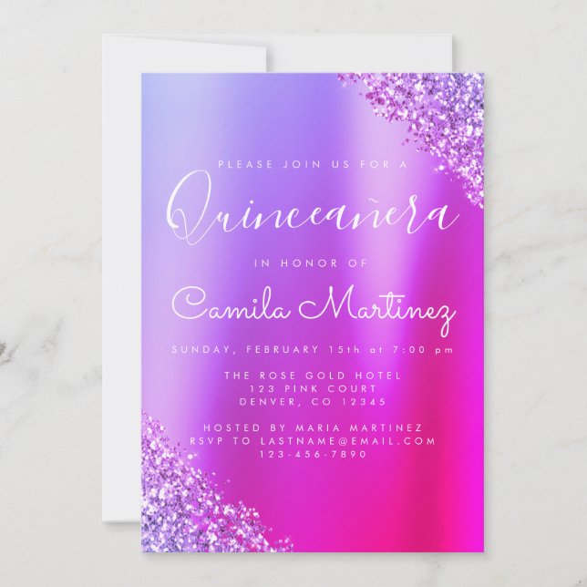 Rosa Lila Quinceanera Glitzer Party Einladung (Vorderseite)