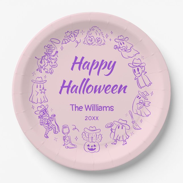 Rosa Lila, raue Hand Drawn Happy Halloween Pappteller (Vorderseite)