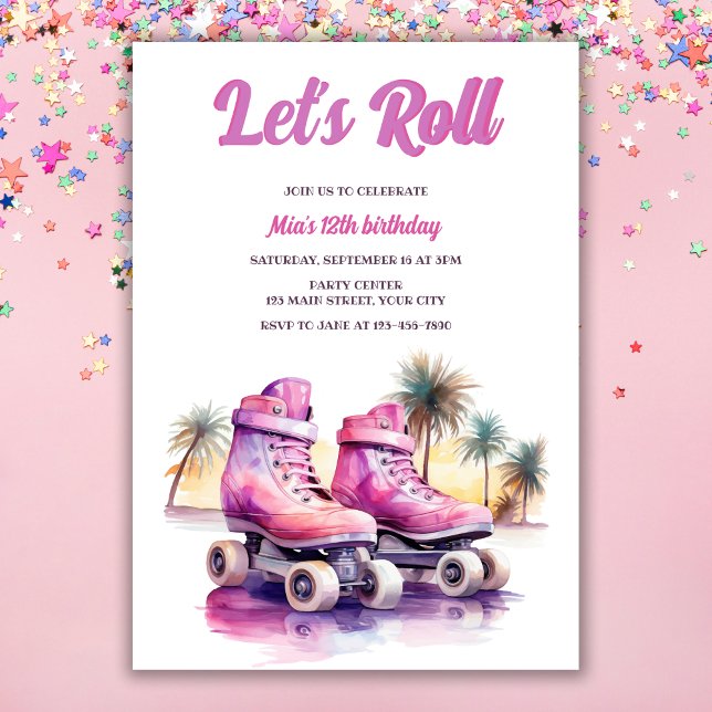 Rosa Lila Roller Skate Tropical Birthday Party Einladung (Von Creator hochgeladen)