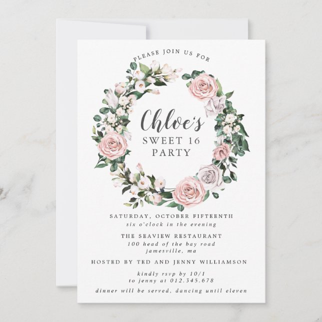 Rosa Lila Rose Blumenkranz 16 . Geburtstag Party Einladung (Vorderseite)