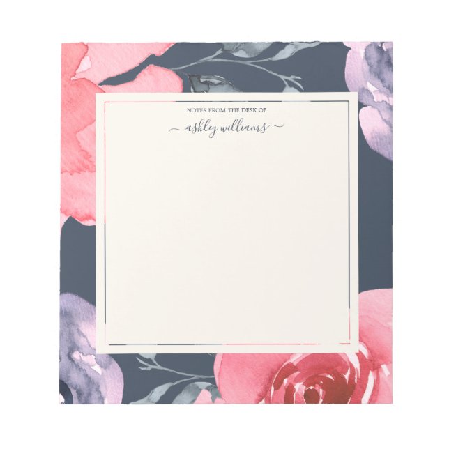 Rosa Lila Rose Dunkelblau Personalisierter Notepad Notizblock (Vorderseite)