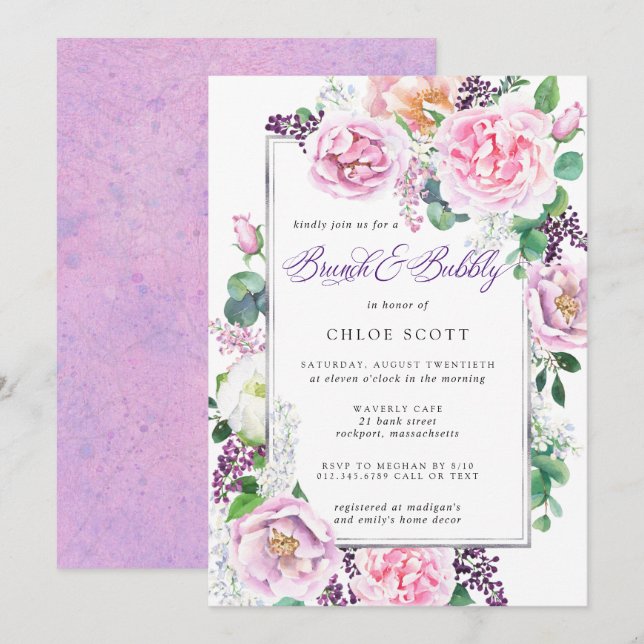 Rosa Lila Rose Floral Bridal Brunch Bubbly Einladung (Vorne/Hinten)
