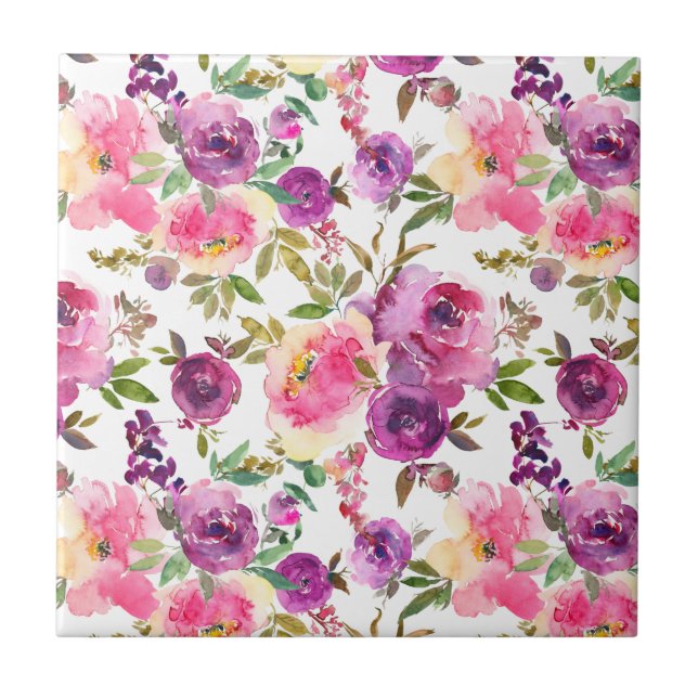 Rosa Lila Rose Floral Girly Trendy Fliese (Vorderseite)