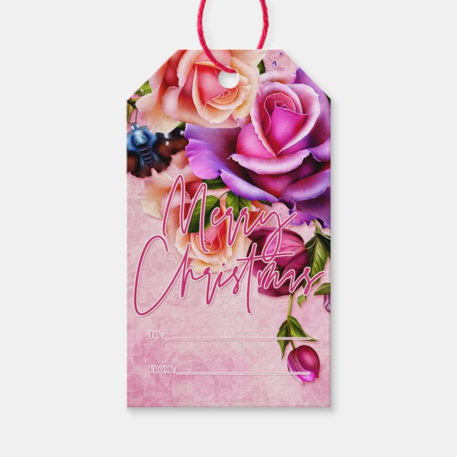 Rosa Lila Rose Frohe Weihnachten Geschenkanhänger (Vorderseite)