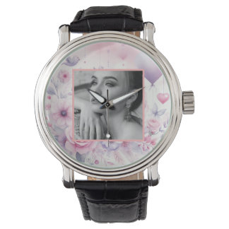 Rosa lila Rose Herz Foto Aquarell Armbanduhr