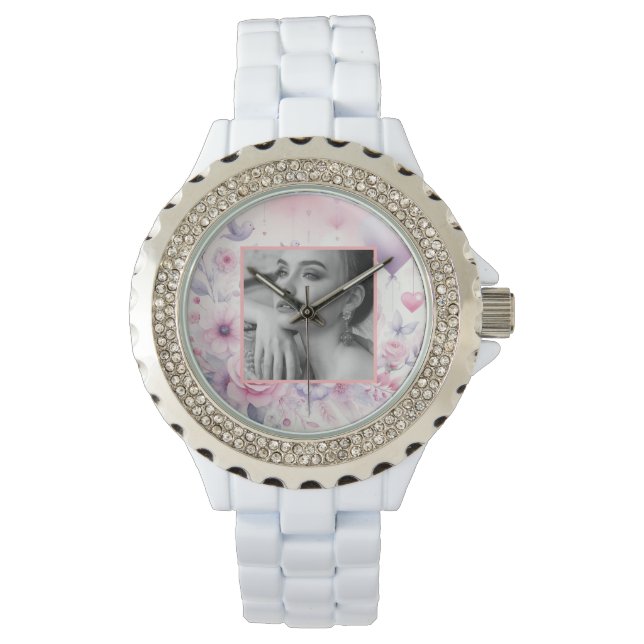 Rosa lila Rose Herz Foto Aquarell Armbanduhr (Vorderseite)