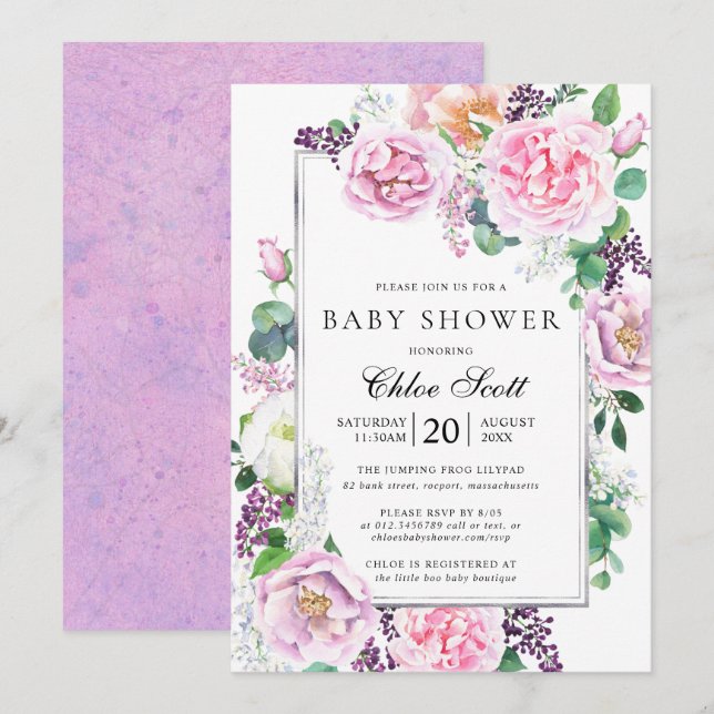 Rosa Lila Rose Peony Floral Baby Dusche Einladung (Vorne/Hinten)