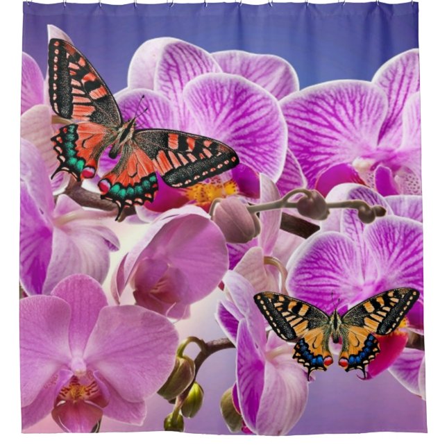 Rosa lila Schmetterling-Orchidee Blume Aquarell Duschvorhang (Vorderseite)