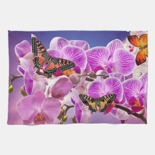 Rosa lila Schmetterling-Orchidee Blume Aquarell Geschirrtuch