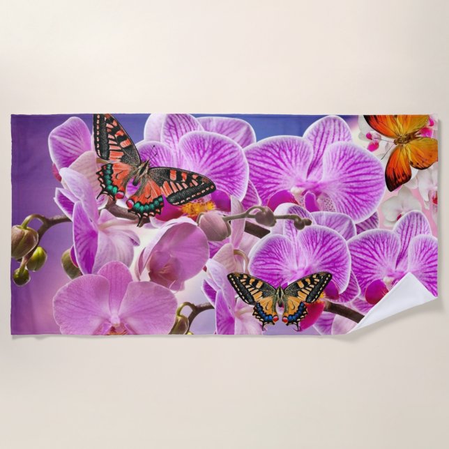 Rosa lila Schmetterling-Orchidee Blume Aquarell Strandtuch (Vorderseite)