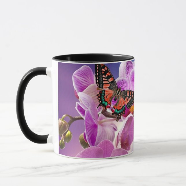Rosa lila Schmetterling-Orchidee Blume Aquarell Tasse (Links)