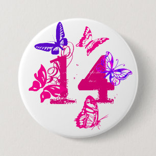 Rosa, lila Schmetterlinge, zacken "14" Knopf, neun Button