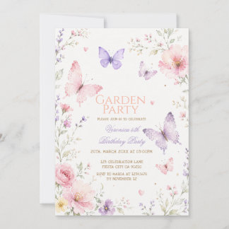 Rosa lila Schmetterlings-Gartenparty-Geburtstag Einladung
