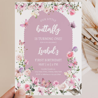 Rosa lila Schmetterlings-Geburtstag Einladung