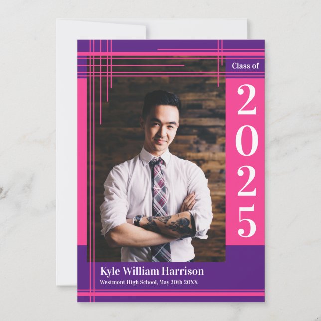 Rosa Lila School Color Abschluss Foto Kariert Einladung (Vorderseite)