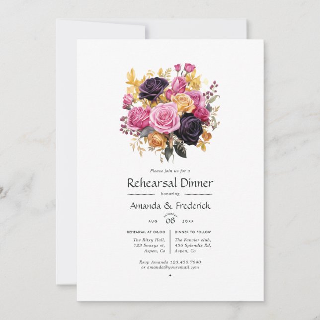 Rosa, Lila, Schwarz und Gold Probe Dinner Einladung (Vorderseite)