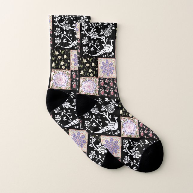 Rosa, Lila, schwarze Pfauen und Blume Patchwork Socken (Paar)