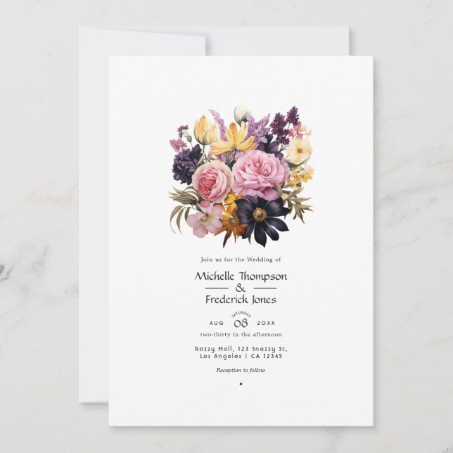 Rosa, Lila, schwarze und goldene Blumenhochzeit Einladung (Vorderseite)