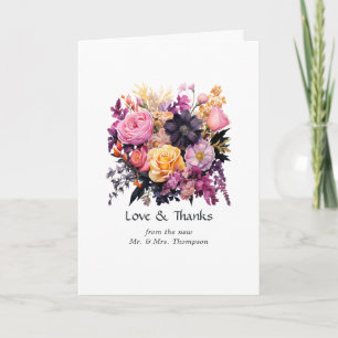 Rosa, Lila, Schwarze und Goldene Florale Hochzeit Dankeskarte
