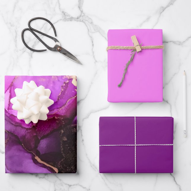 Rosa Lila schwarze Wrapping Paper Sheets Geschenkpapier Set (Vorderseite)