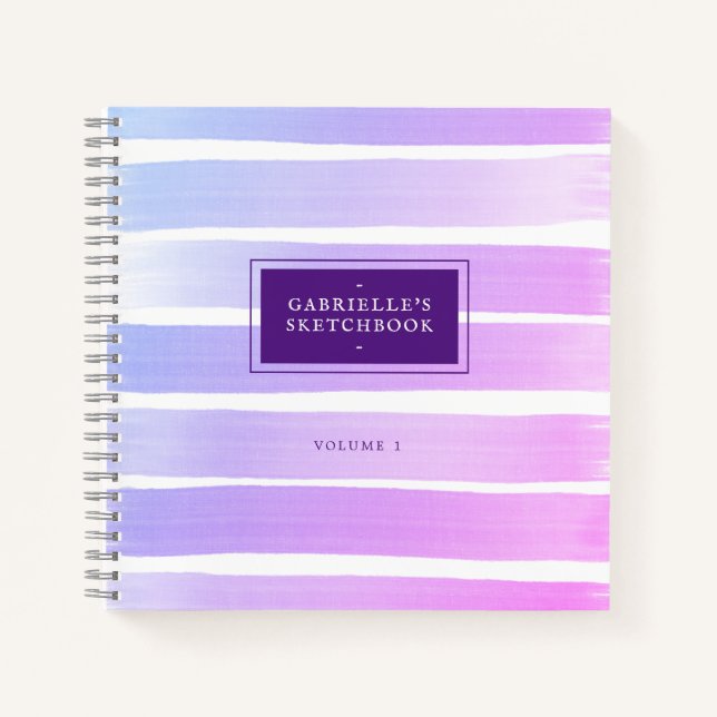 Rosa Lila Sketchbook Ombre Streifen Ihren Namen Notizbuch (Vorderseite)