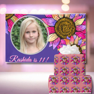 Rosa & Lila Sonnenblumen-Watercolor-Geburtstagsfei Geschenkpapier