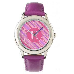 Rosa, lila Streifen Grafik-Monogramm Mädchen Uhr