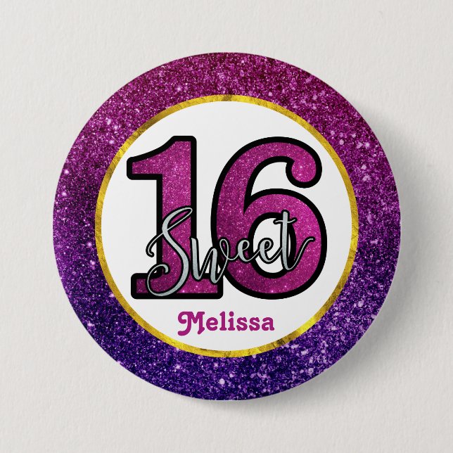Rosa & Lila Sweet 16 Sparkle Glitzer Edelsteine Button (Vorderseite)