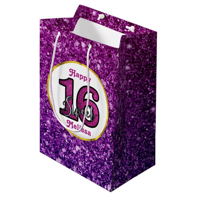 Rosa & Lila Sweet 16 Sparkle Glitzer Edelsteine Mittlere Geschenktüte (Vorderseite Schrägansicht)