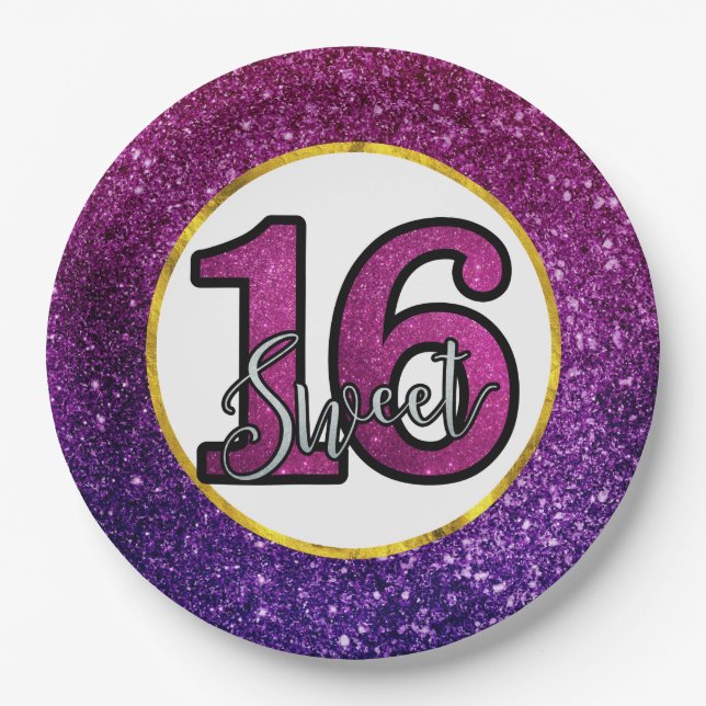 Rosa & Lila Sweet 16 Sparkle Glitzer Edelsteine Pappteller (Vorderseite)
