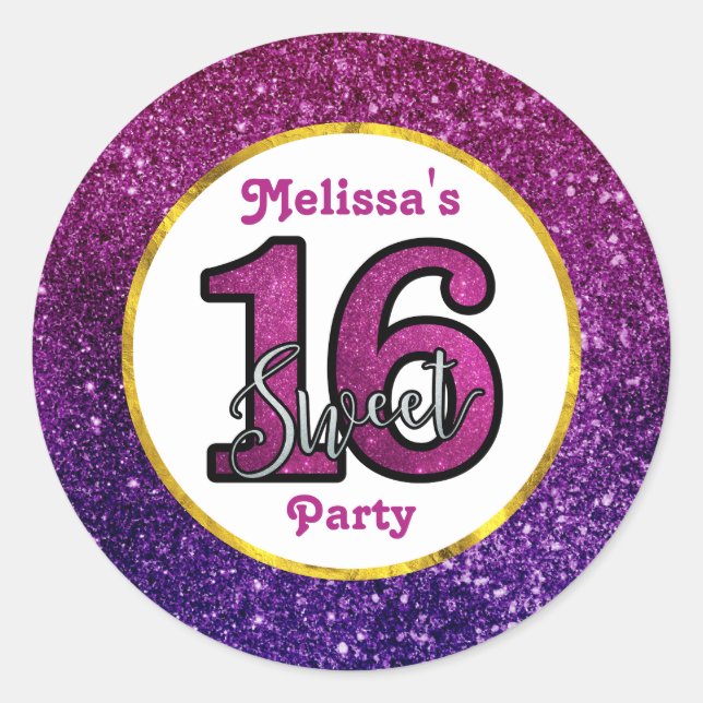 Rosa & Lila Sweet 16 Sparkle Glitzer Edelsteine Runder Aufkleber (Vorderseite)