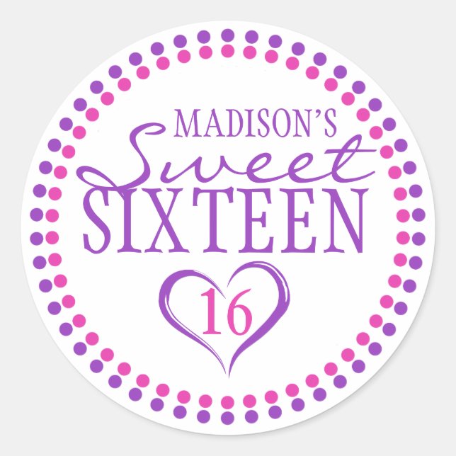 Rosa Lila Sweet 16 Umschlag Aufkleber Sticker w He (Vorderseite)