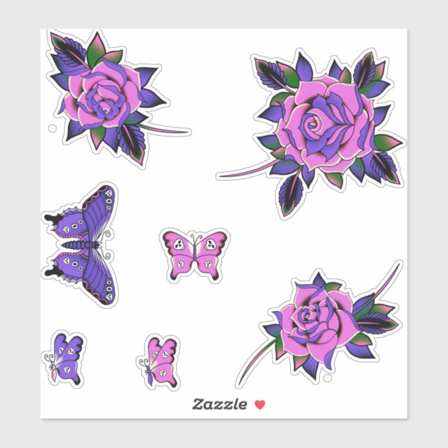 Rosa Lila Tattoo Rose Skull Butterfliegen Aufkleber (Blatt)