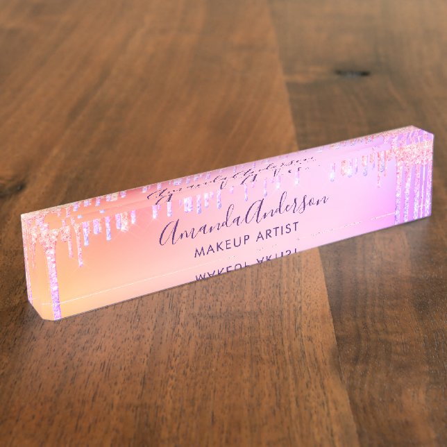 Rosa lila Tropfen holografisches Geschäft Namensplakette (Seite)