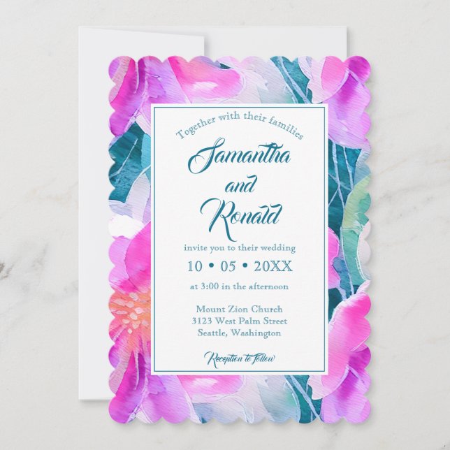 Rosa Lila und Aquamarine Hochzeit der Wasserfarben Einladung (Vorderseite)
