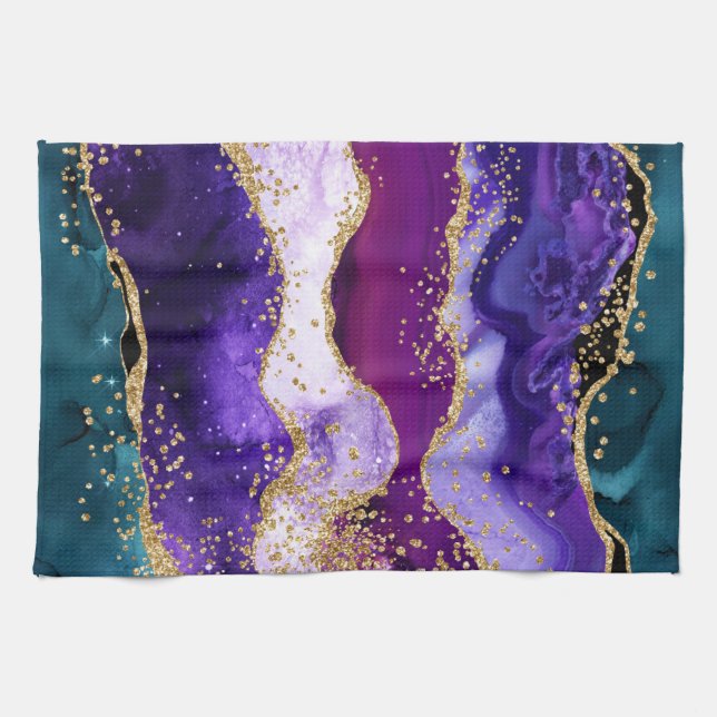 Rosa, Lila und Aquamariner Glitzer Peacock Agate Geschirrtuch (Horizontal)