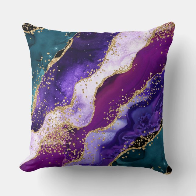 Rosa, Lila und Aquamariner Glitzer Peacock Agate Kissen (Vorderseite)